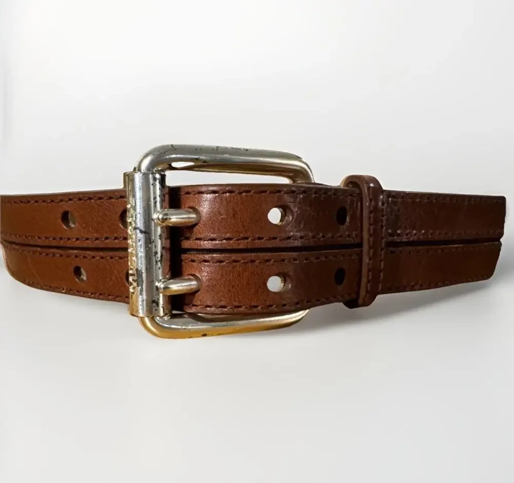 Michael Kors Womens Brown Leather Belt Size S 30-32 Double Prong Silver Buckle